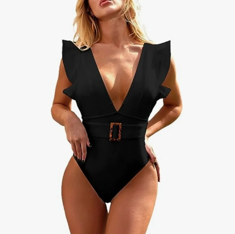 One Piece‎ Sexy Retro Inspo Swimsuit Ruffle Deep V Neck Strappy . SZ XXL & L